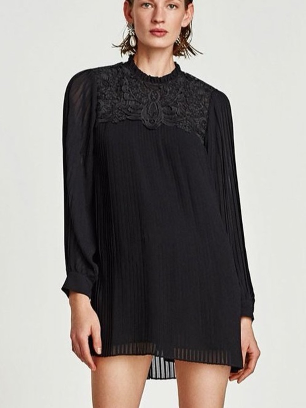 Brand New w Tags! ZARA Black Embroidered Lace Yoke Pleated Mini Dress Size M